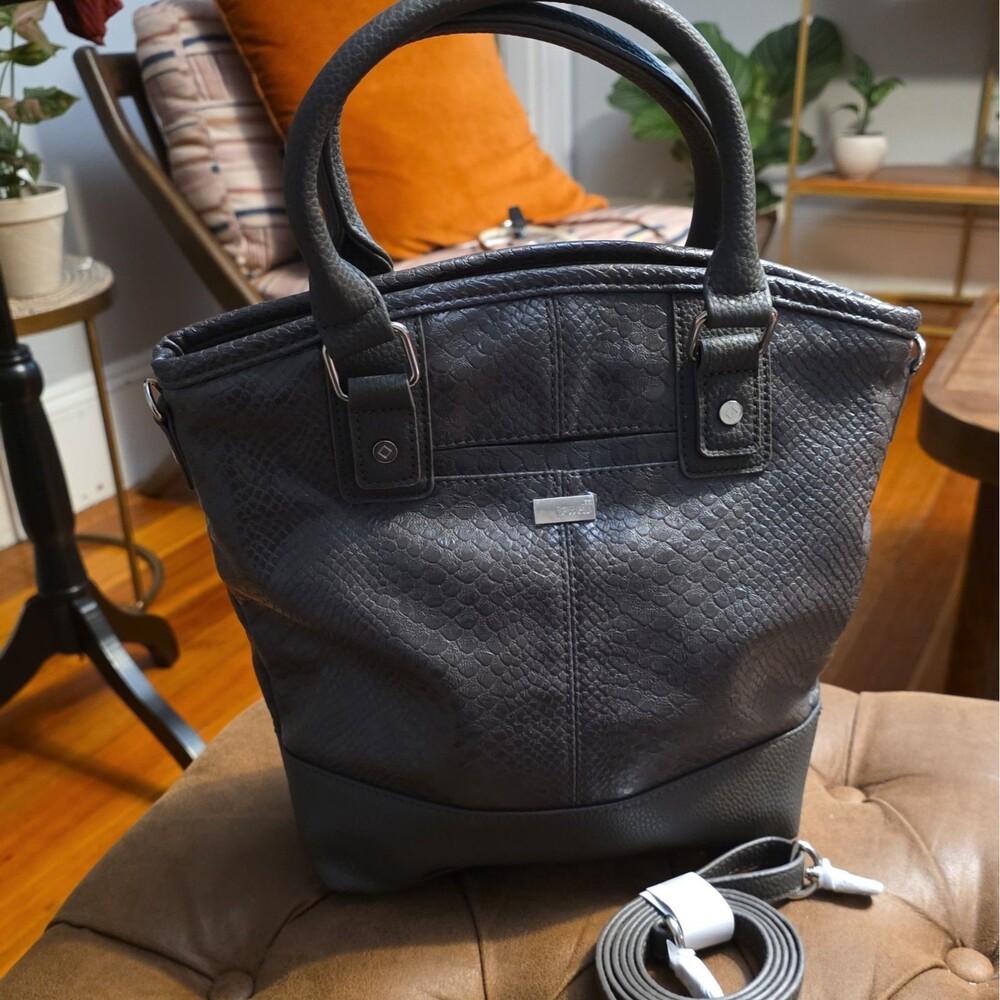 Jewell Gray Satchel Handbag Snakeskin Embossed Detachable Strap Snap Closure